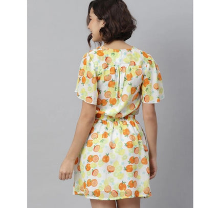 Women's Polyester Printed Flutter Above Knee Dress (Orange - Yellow)