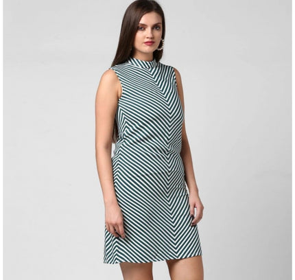 Women's Polyester Striped Sleeveless Above Knee Dress (Green)