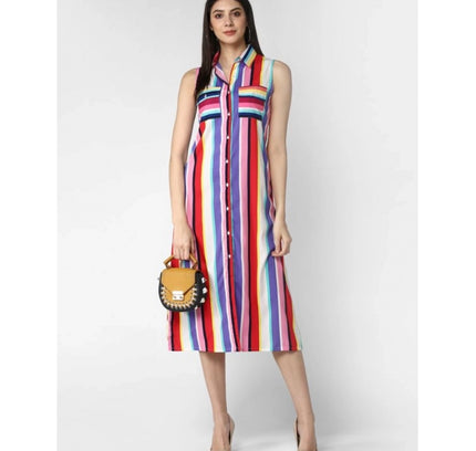 Women's Polyester Striped Sleeveless Calf-length Dress (Multicolor)