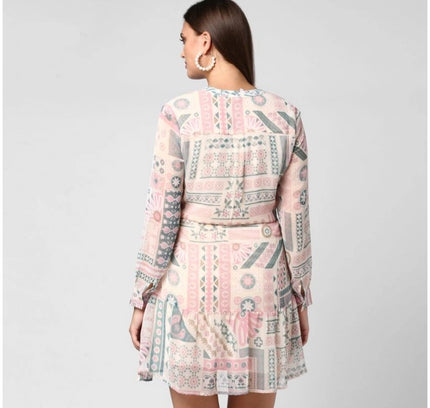 Women's Polyester Printed Long Sleeves Above Knee Dress (Light Pink - Off White)