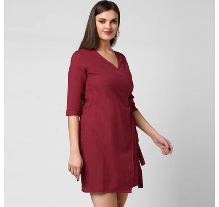 Women's Cotton Solid 3-4th Sleeves Above Knee Dress (Maroon)