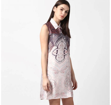 Women's Polyester Printed Sleeveless Above Knee Dress (Orange)