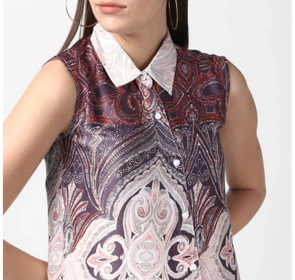 Women's Polyester Printed Sleeveless Above Knee Dress (Orange)