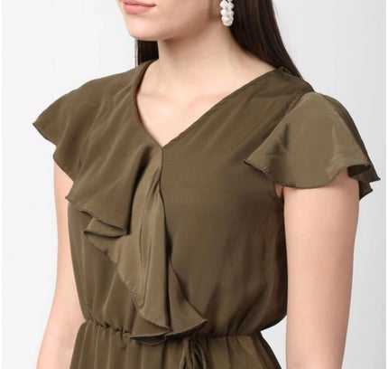 Women's Polyester Ruffled Cap Sleeve Knee-Length Dress (Olive)