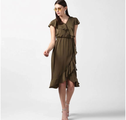 Women's Polyester Ruffled Cap Sleeve Knee-Length Dress (Olive)