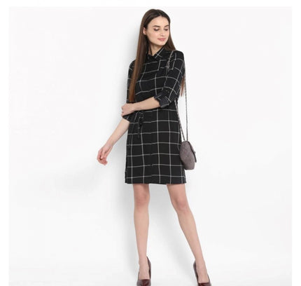 Women's Polyester Checkered Roll Up Sleeve Above Knee Dress (Black - White)