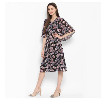 Women's Polyester Floral Short Sleeve Knee-Length Dress (Black - Multicolor)