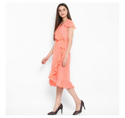 Women's Polyester Ruffled Cap Sleeve Below Knee Dress (Neon Pink)