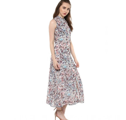 Women's Polyester Chiffon Printed Sleeveless Dress (Multicolor)