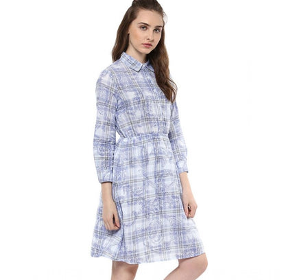 Women's Cotton Checkered Roll Up Sleeve Above Knee Dress (Blue)