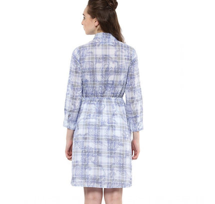 Women's Cotton Checkered Roll Up Sleeve Above Knee Dress (Blue)