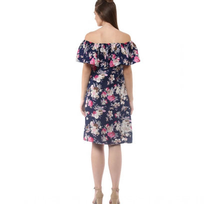 Women's Polyester Crepe Floral Half Sleeve Above Knee Dress (Navy Blue)