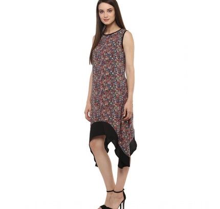 Generic Women's Polyester Printed Sleeveless Knee-Length Dress (Multicolor)