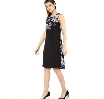 Women's Polyester Printed Sleeveless Above Knee Dress (Black - Multicolor)