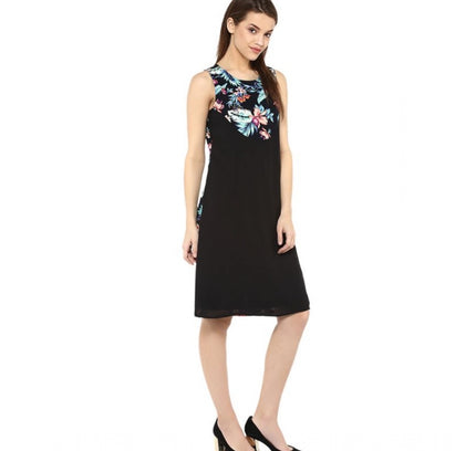 Women's Polyester Printed Sleeveless Above Knee Dress (Black - Multicolor)