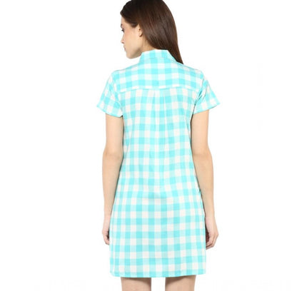 Women's Rayon Checkered Short Sleeve Above Knee Dress (SkuBlue - White)