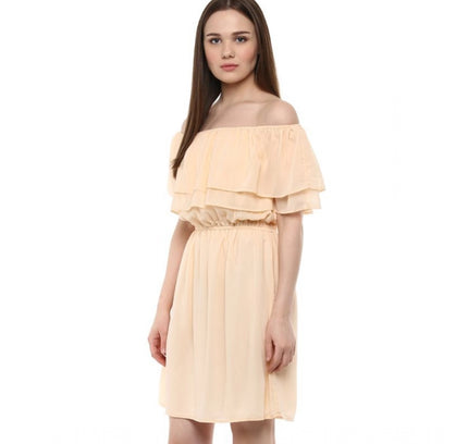 Women's Polyester Solid Sleeveless Knee-Length Dress (Beige)