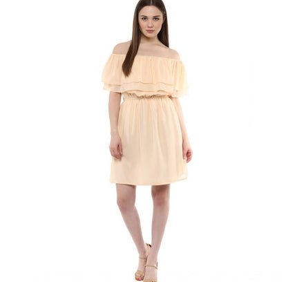 Women's Polyester Solid Sleeveless Knee-Length Dress (Beige)