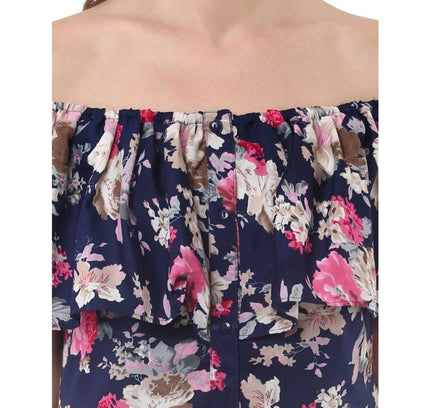 Women's Polyester Crepe Floral Half Sleeve Above Knee Dress (Navy Blue)