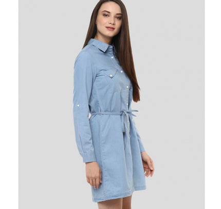 Women's Denim Solid Long Sleeves Above Knee Dress (Blue)