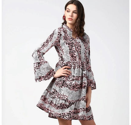 Women's Polyester Animal Print Bell Sleeve Above Knee Dress (Pink - Black)
