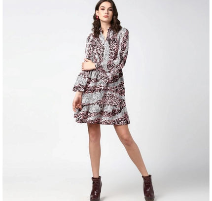 Women's Polyester Animal Print Bell Sleeve Above Knee Dress (Pink - Black)