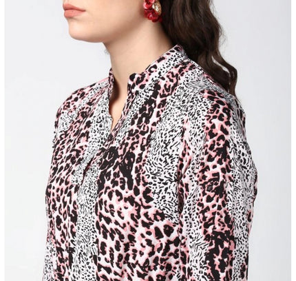 Women's Polyester Animal Print Bell Sleeve Above Knee Dress (Pink - Black)