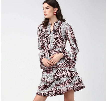 Women's Polyester Animal Print Bell Sleeve Above Knee Dress (Pink - Black)
