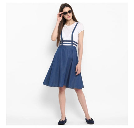 Women's Denim Solid Shoulder Straps Below Knee Dress (Blue)