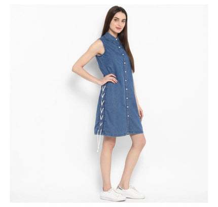 Women's Denim Solid Sleeveless Above Knee Dress (Blue)