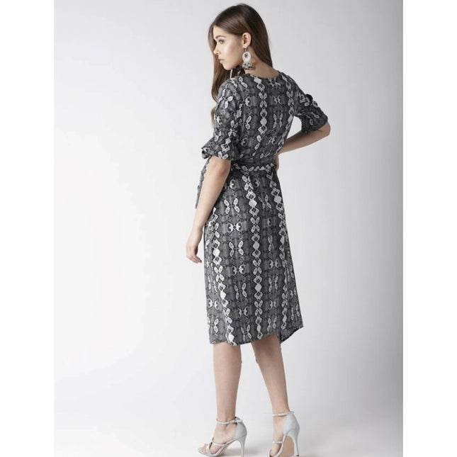 Women's Polyester Animal Print Short Sleeve Knee-Length Dress (Black - White)