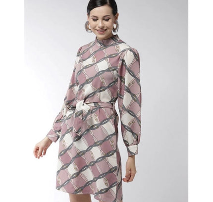 Women's Polyester Checkered Long Sleeves Above Knee Dress (Off White - Lavender)