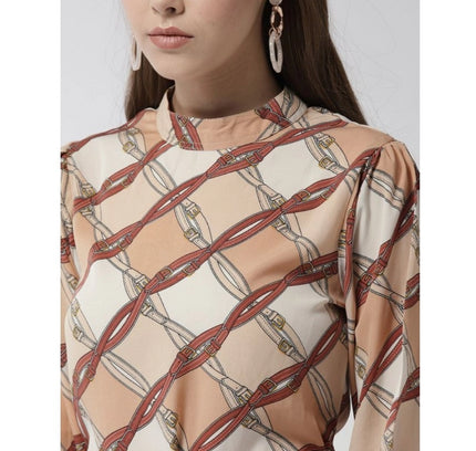 Women's Polyester Checkered Long Sleeves Above Knee Dress (Off White - Brown)