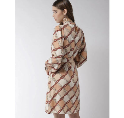 Women's Polyester Checkered Long Sleeves Above Knee Dress (Off White - Brown)