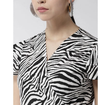 Women's Polyester Animal Print Short Sleeve Knee-Length Dress (Black - White)