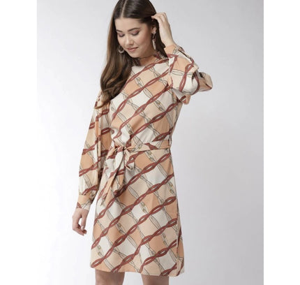 Women's Polyester Checkered Long Sleeves Above Knee Dress (Off White - Brown)