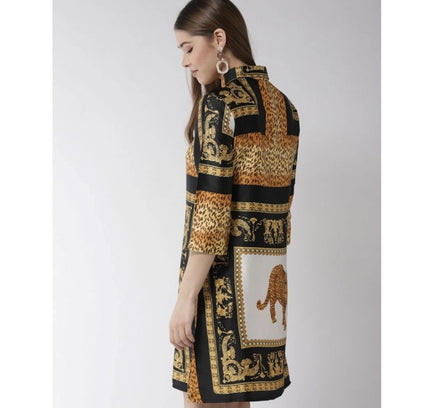 Women's Satin Animal Print 3-4th Sleeves Above Knee Dress (White - Orange)