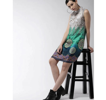 Women's Polyester Printed Sleeveless Above Knee Dress (Multicolor)
