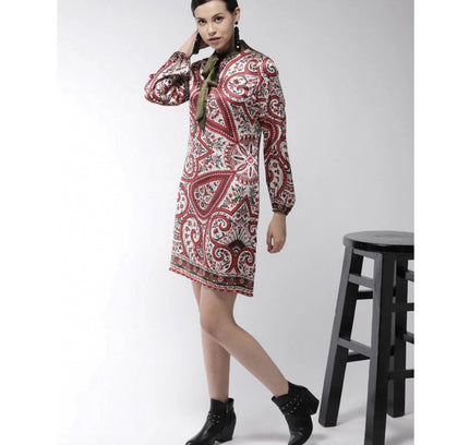 Women's Polyester Printed Long Sleeves Above Knee Dress (Red)