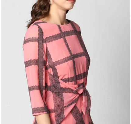 Women's Polyester Checkered 3-4th Sleeves Below Knee Dress (Pink - Black)