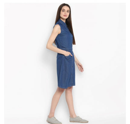 Women's Denim Solid Sleeveless Above Knee Dress (Blue)