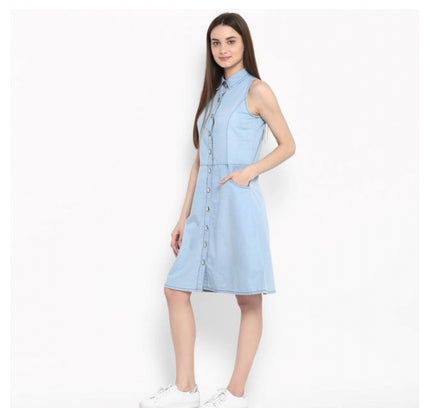 Women's Denim Solid Sleeveless Below Knee Dress (Blue)