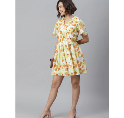 Women's Polyester Printed Flutter Above Knee Dress (Yellow - Orange)