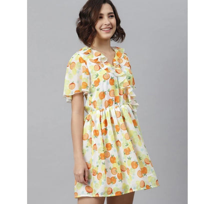 Women's Polyester Printed Flutter Above Knee Dress (Yellow - Orange)