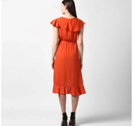 Women's Polyester Ruffled Cap Sleeve Knee-Length Dress (Orange)