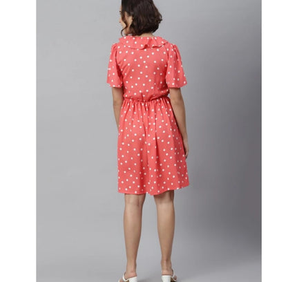 Women's Polyester Polka Flutter Above Knee Dress (Coral)