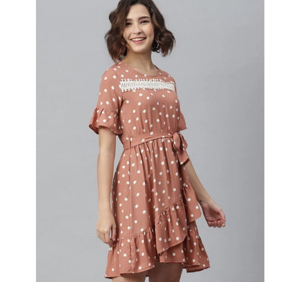 Women's Polyester Polka Bell Sleeve Above Knee Dress (Brown)