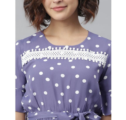 Women's Polyester Polka Bell Sleeve Above Knee Dress (Lavender)