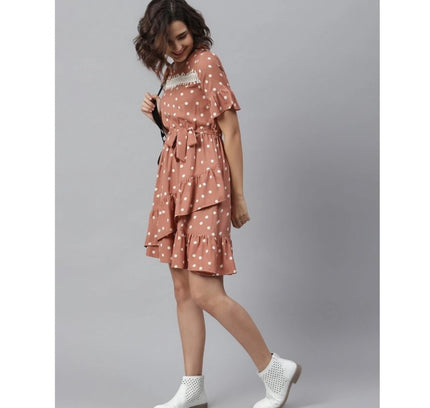 Women's Polyester Polka Bell Sleeve Above Knee Dress (Brown)