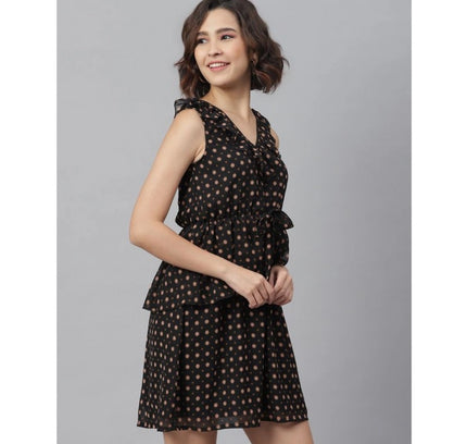 Women's Polyester Peplum Sleeveless Above Knee Dress (Black)